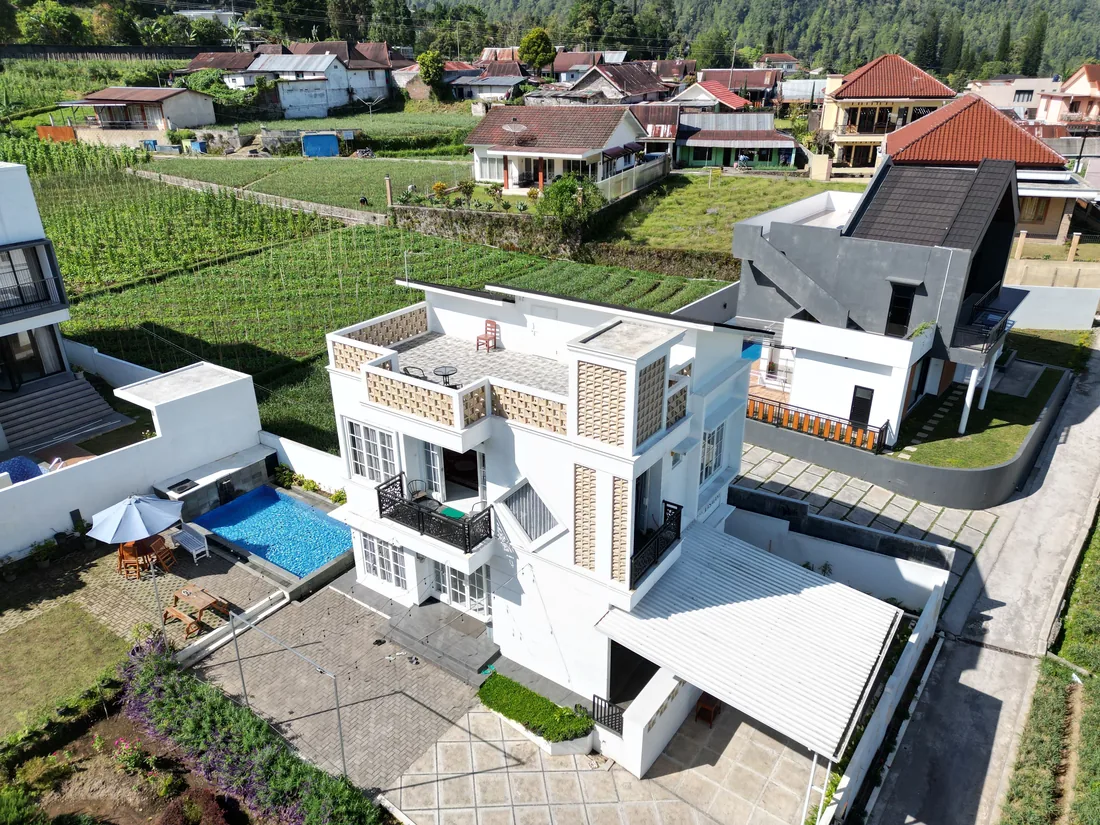 Houses built across a steep wooded hillside