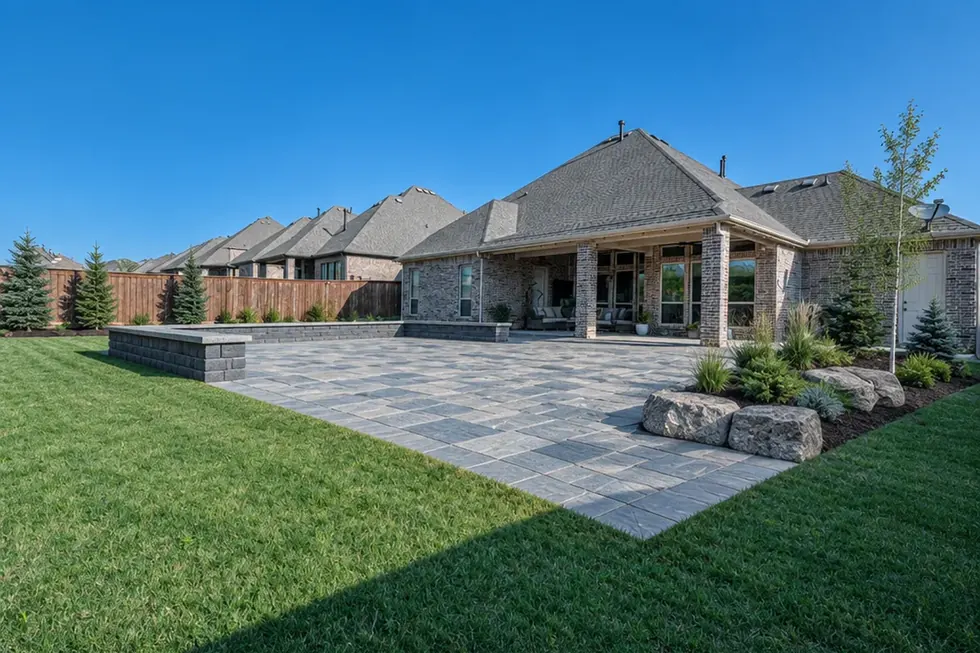 The same Upper St. Clair yard finished, with paving, a seat wall and boulder planting