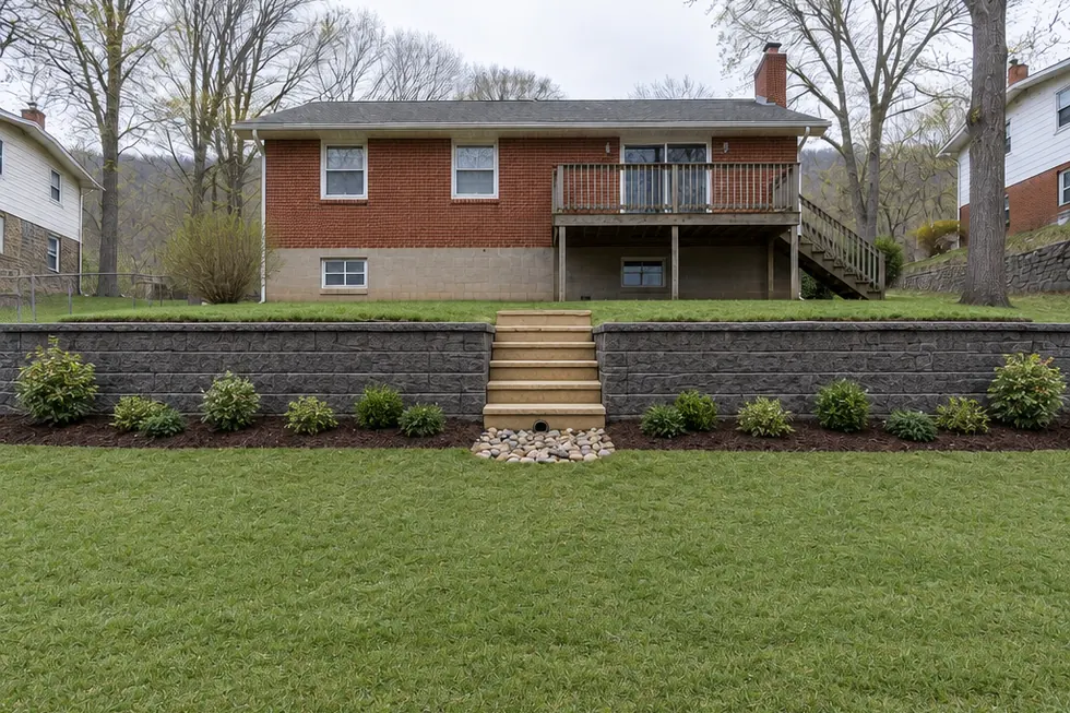 The same back yard rebuilt as a two-tier charcoal block wall with a sandstone stair, new lawn and a drain outfall to river stone