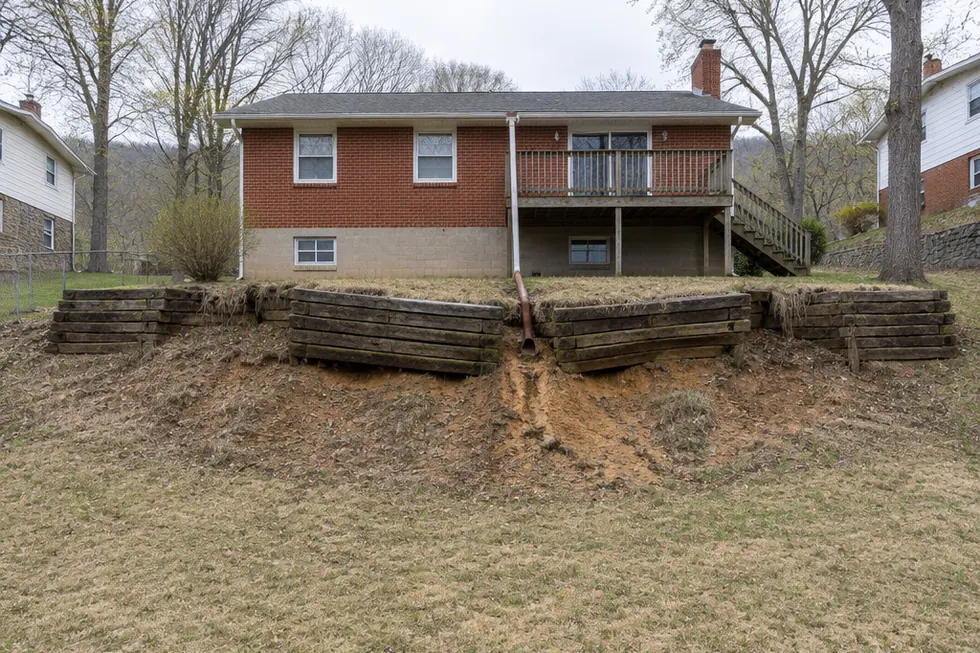 A rotting railroad-tie wall leaning outward behind a red brick split-level house, the clay bank below it washed out