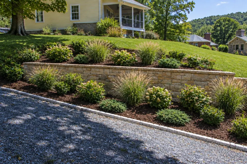 The same bank rebuilt as two sandstone-faced terraces planted with grasses and low shrubs, with a granite edge along the drive