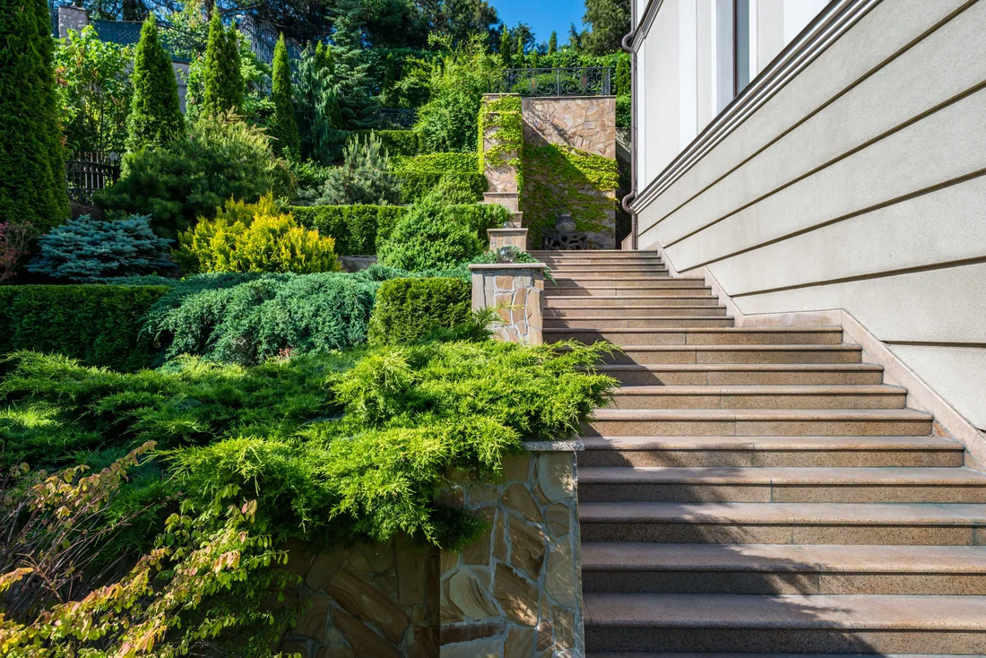 Stone steps climbing a terraced bank beside a modern house