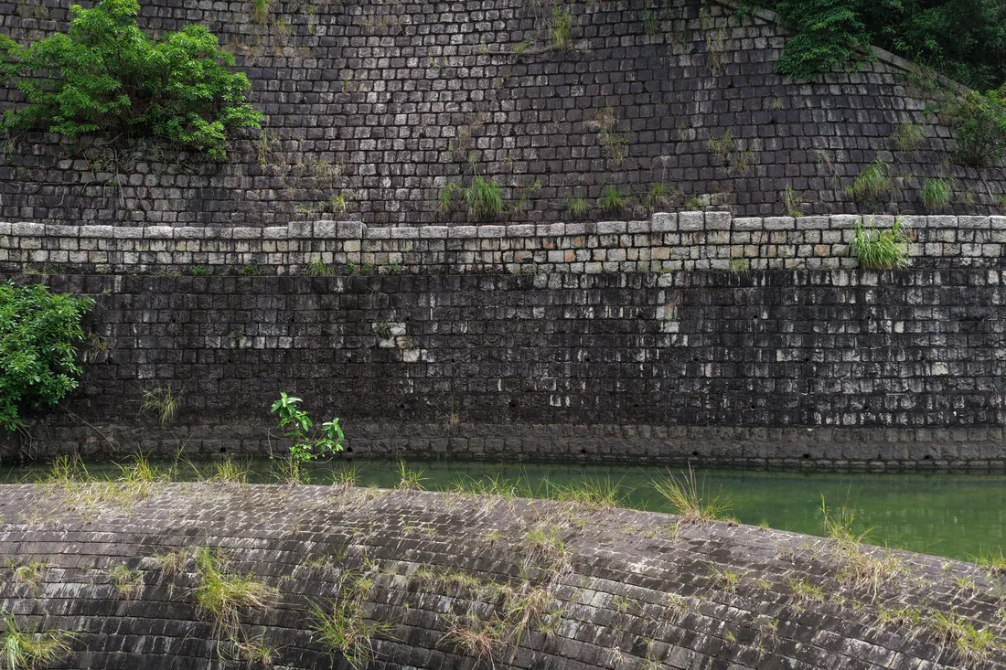 A segmental block retaining wall holding a planted bank