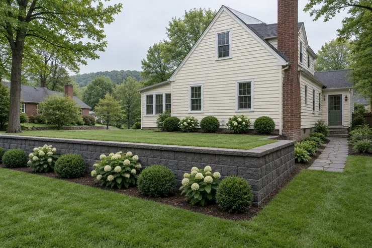 A single course-built block retaining wall holding a level lawn behind a cream clapboard cape-cod house on an overcast morning