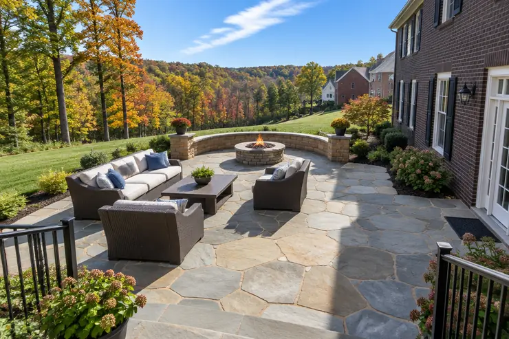 A large flagstone terrace with a sandstone seat wall and fire pit behind a dark brick colonial house, autumn colour in the tree line