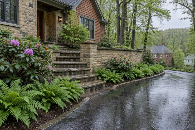 A curving sandstone-faced wall and stone steps along a wet driveway at a stone and shingle house after rain