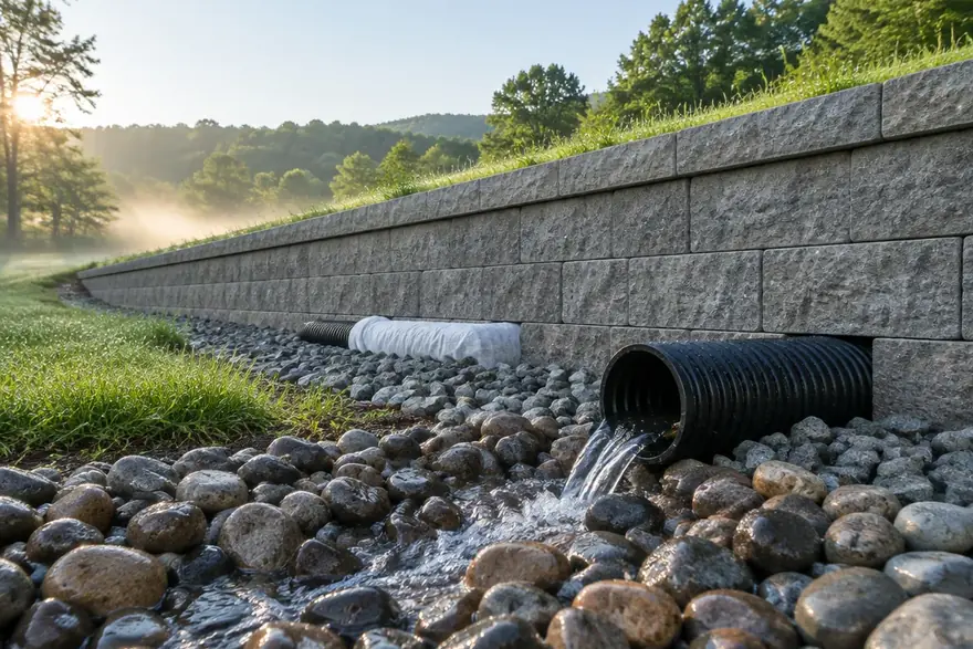 Clear water running out of a drain outfall into washed river stone at the foot of a finished block wall, mist still lifting off the ground