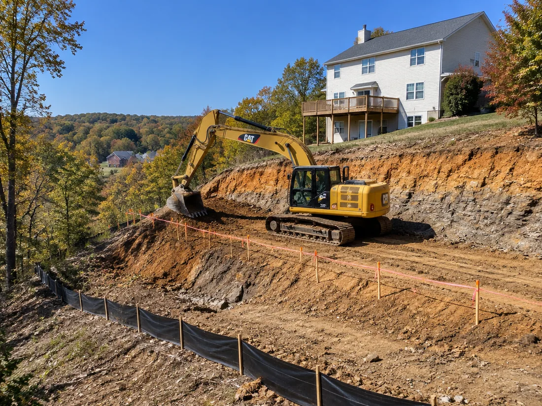 A tracked excavator cutting a stepped bench into a steep slope beside a line of grade stakes