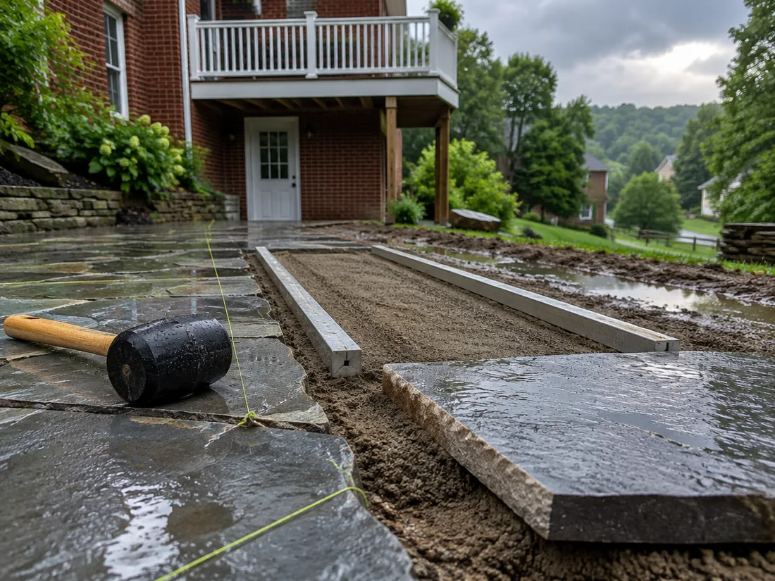 Sawn granite pavers bedded into screeded sand against a steel screed rail