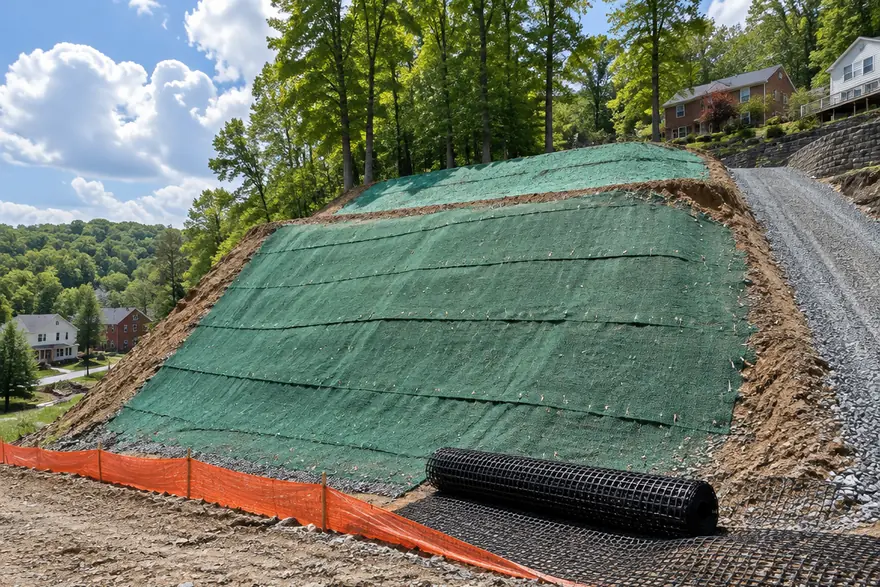 A freshly benched clay hillside faced with green erosion-control blanket, a roll of geogrid at the toe and orange silt fence along the bottom