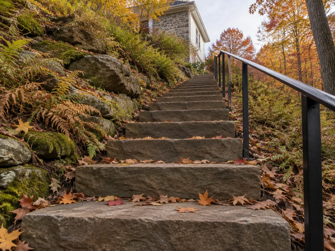 A flight of quarried granite slab treads set into a mossy boulder bank