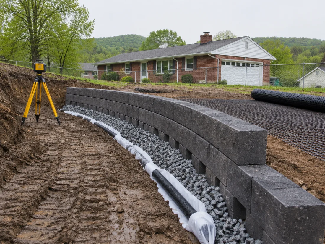 A curved segmental block retaining wall with geogrid and drainage stone open at the base course