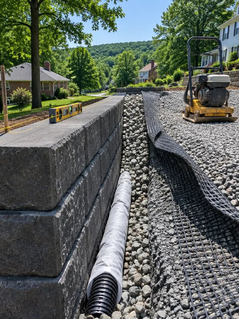 An open retaining wall build: three courses of block laid level, a column of clean drainage stone behind them, a perforated pipe in filter fabric at the base and a geogrid layer folded back over compacted backfill