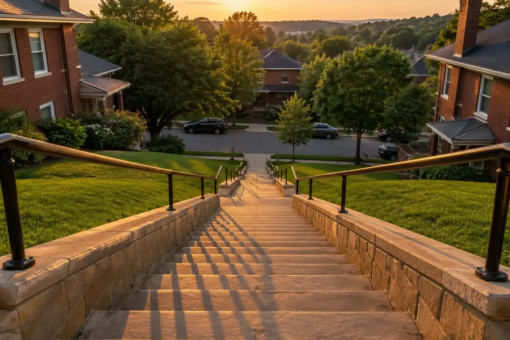 A long flight of stone steps running down a steep front lawn to the street in low evening sunlight